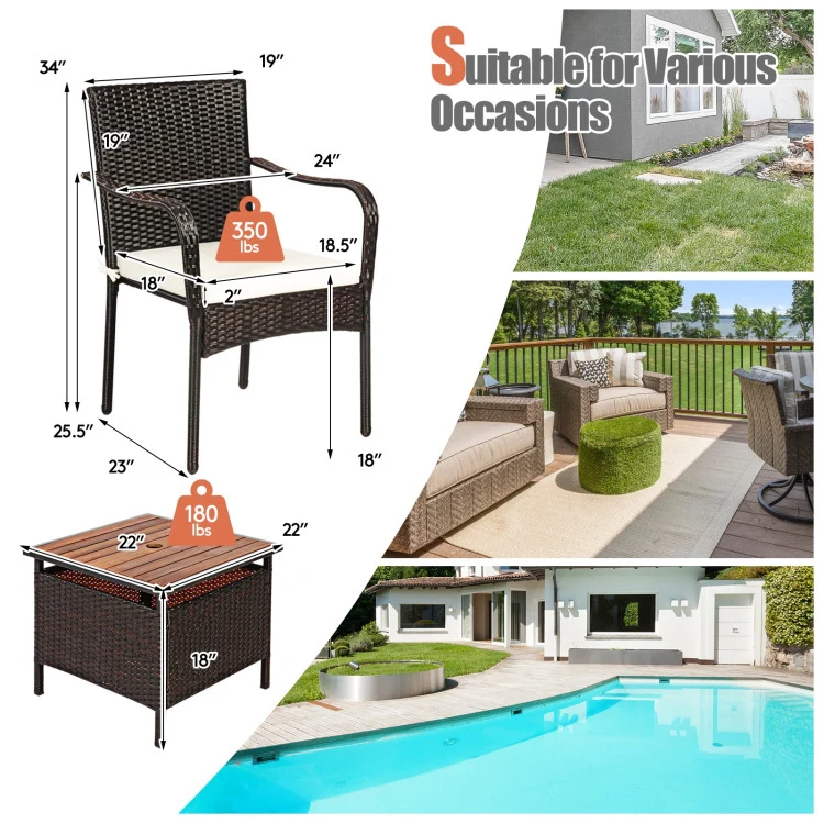 Brown 3-Piece Wicker Outdoor Bistro Set with Side Table and Beige Cushions