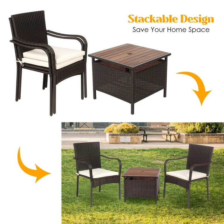 Brown 3-Piece Wicker Outdoor Bistro Set with Side Table and Beige Cushions