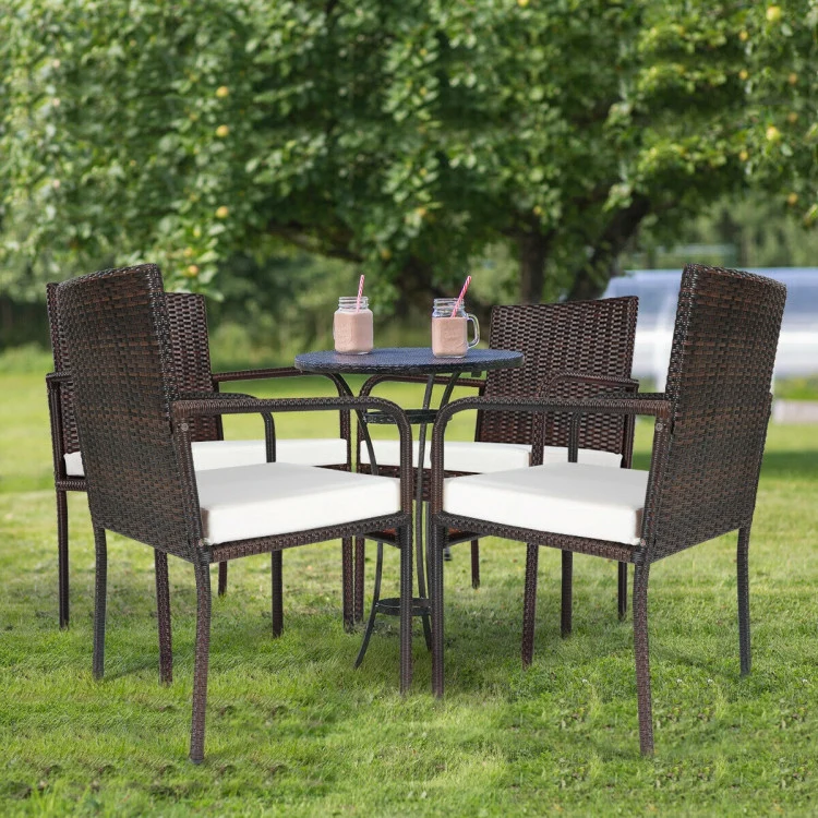 Brown Wicker Outdoor Dining Chair with White Cushion (4-Pack)