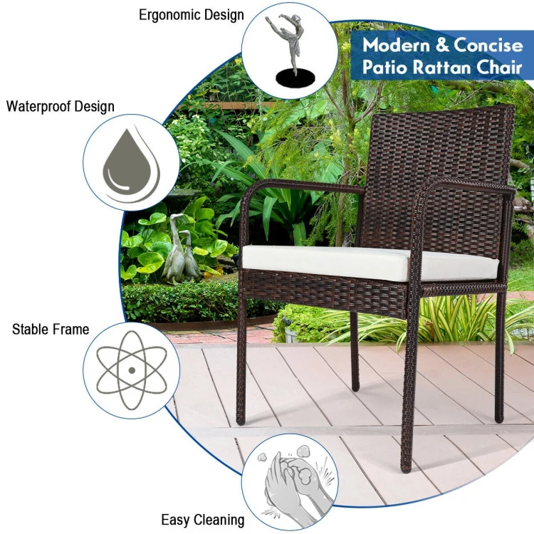 Brown Wicker Outdoor Dining Chair with White Cushion (4-Pack)