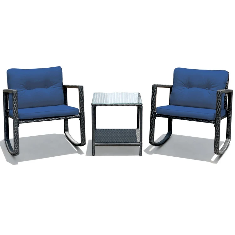 Black 3-Piece Wicker Outdoor Bistro Set with Navy Cushions
