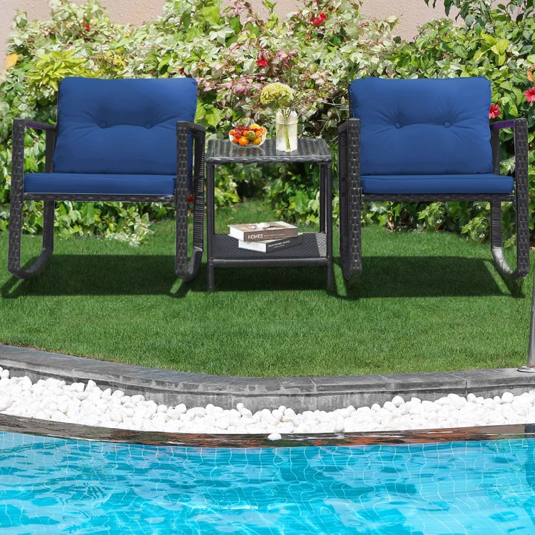 Black 3-Piece Wicker Outdoor Bistro Set with Navy Cushions