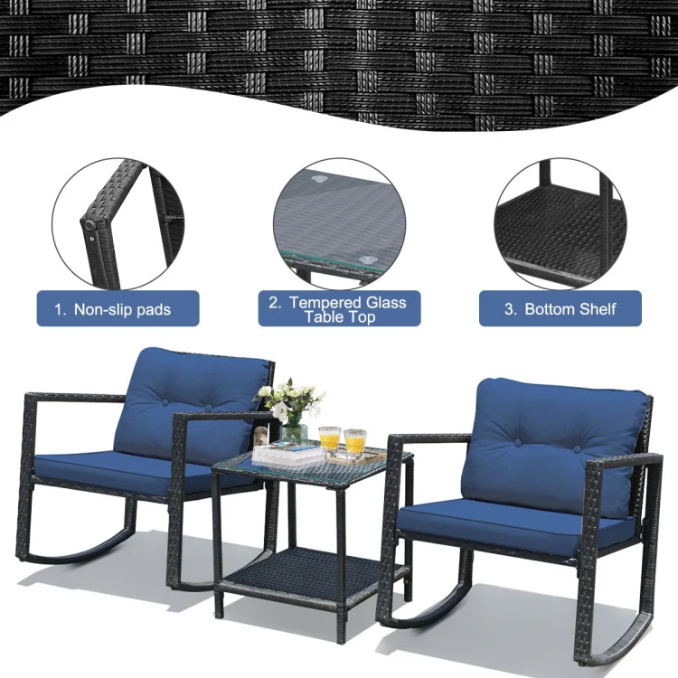 Black 3-Piece Wicker Outdoor Bistro Set with Navy Cushions