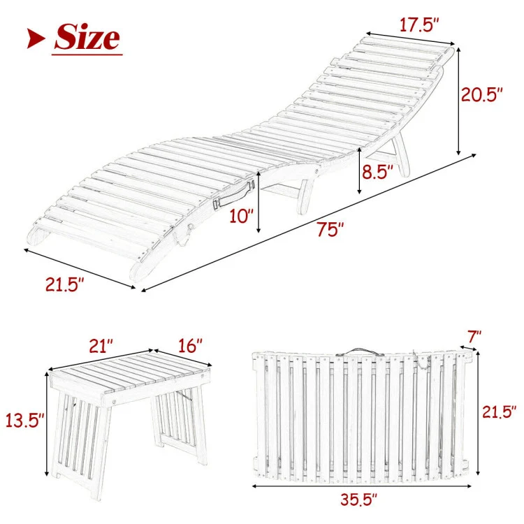 Natural 3-Pieces Wood Folding Outdoor Chaise Lounge Sunlounger Chair with Red/White Cushion
