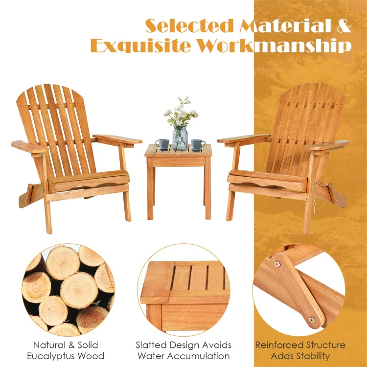Natural Finish Folding Wood Adirondack Chair with Side Table (3-Pack)