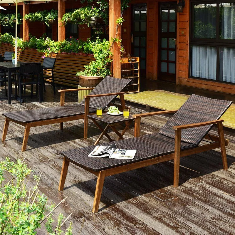 Black 3-Piece Wicker Outdoor Chaise Lounge with Folding Table