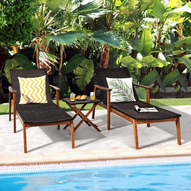 Black 3-Piece Wicker Outdoor Chaise Lounge with Folding Table
