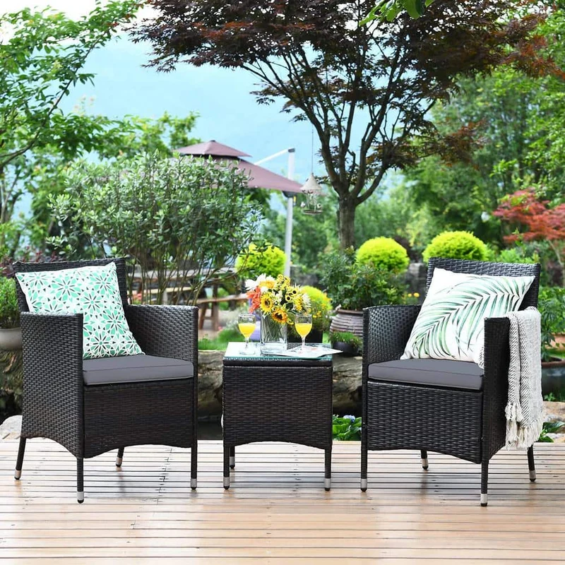 3-Piece PE Rattan Wicker Patio Conversation Set Outdoor Chairs and Coffee Table with Gray Cushion