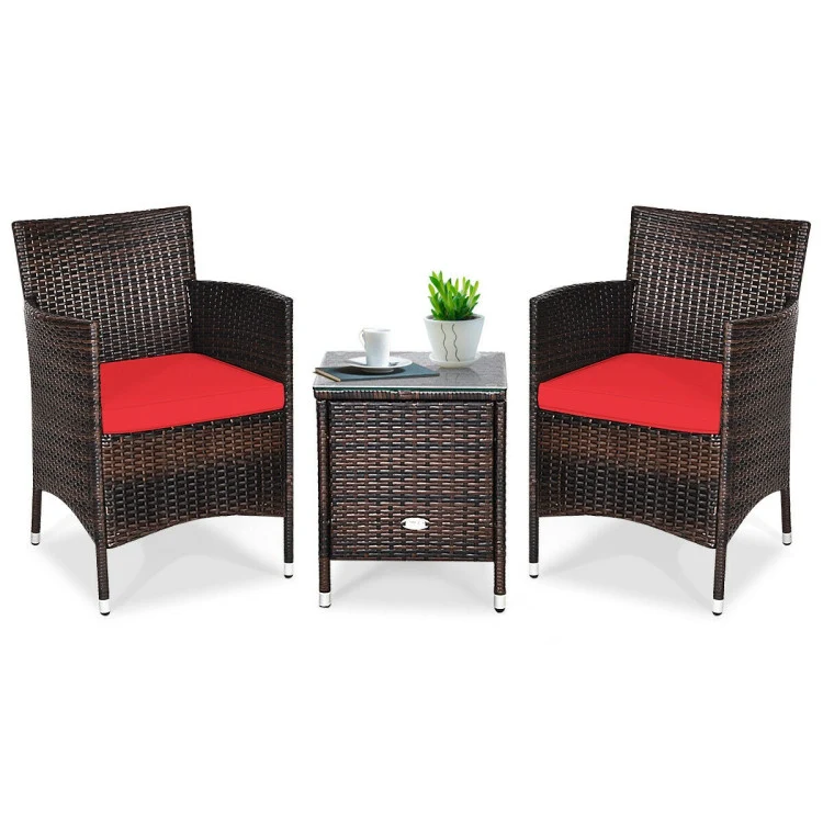 3-Piece PE Rattan Wicker Patio Conversation Set Outdoor Chairs and Coffee Table with Red Cushion