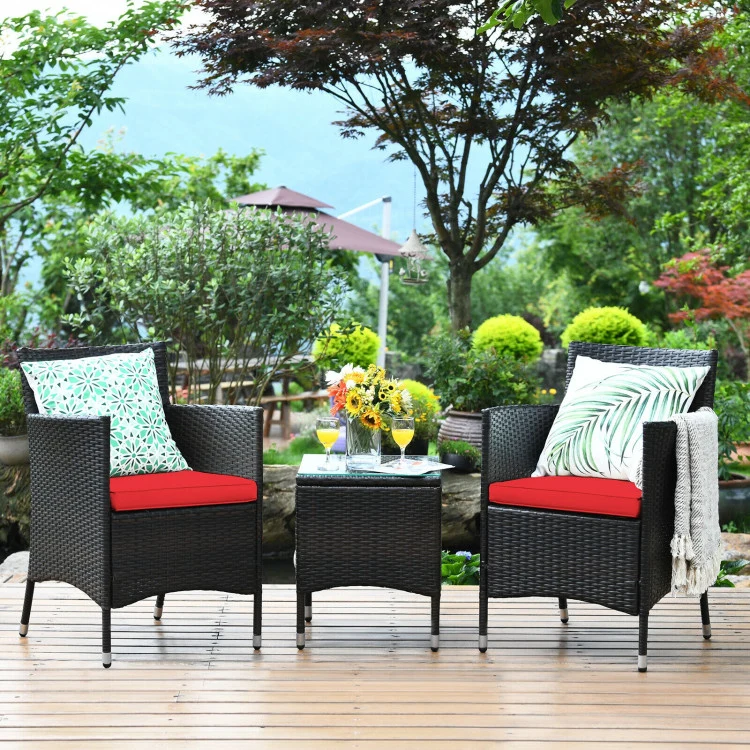 3-Piece PE Rattan Wicker Patio Conversation Set Outdoor Chairs and Coffee Table with Red Cushion