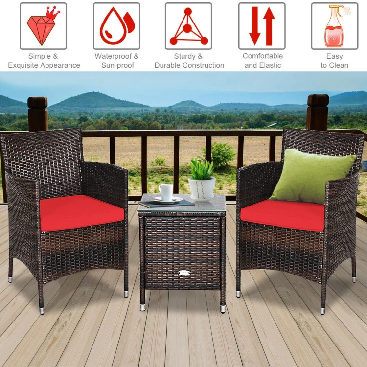 3-Piece PE Rattan Wicker Patio Conversation Set Outdoor Chairs and Coffee Table with Red Cushion