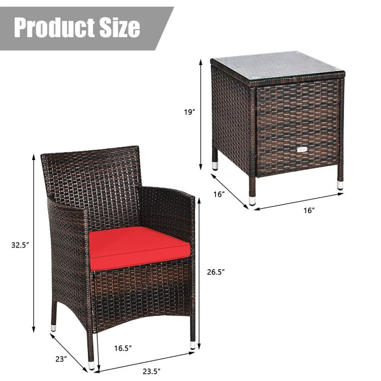 3-Piece PE Rattan Wicker Patio Conversation Set Outdoor Chairs and Coffee Table with Red Cushion