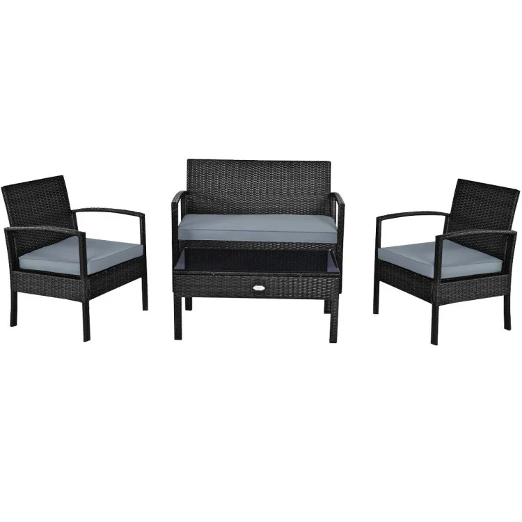 4-Piece Black Wicker Patio Conversation Set with Gray Cushions and Table