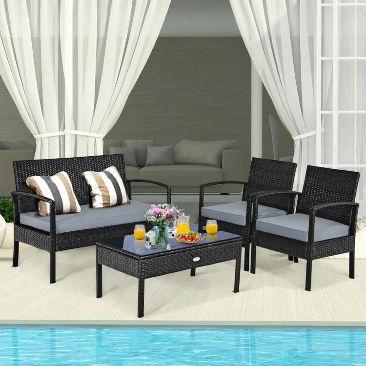 4-Piece Black Wicker Patio Conversation Set with Gray Cushions and Table
