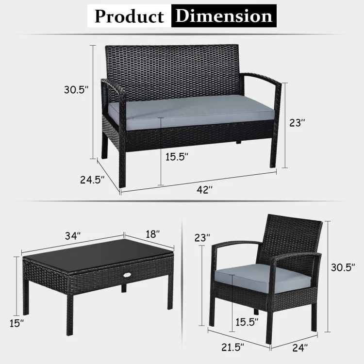 4-Piece Black Wicker Patio Conversation Set with Gray Cushions and Table
