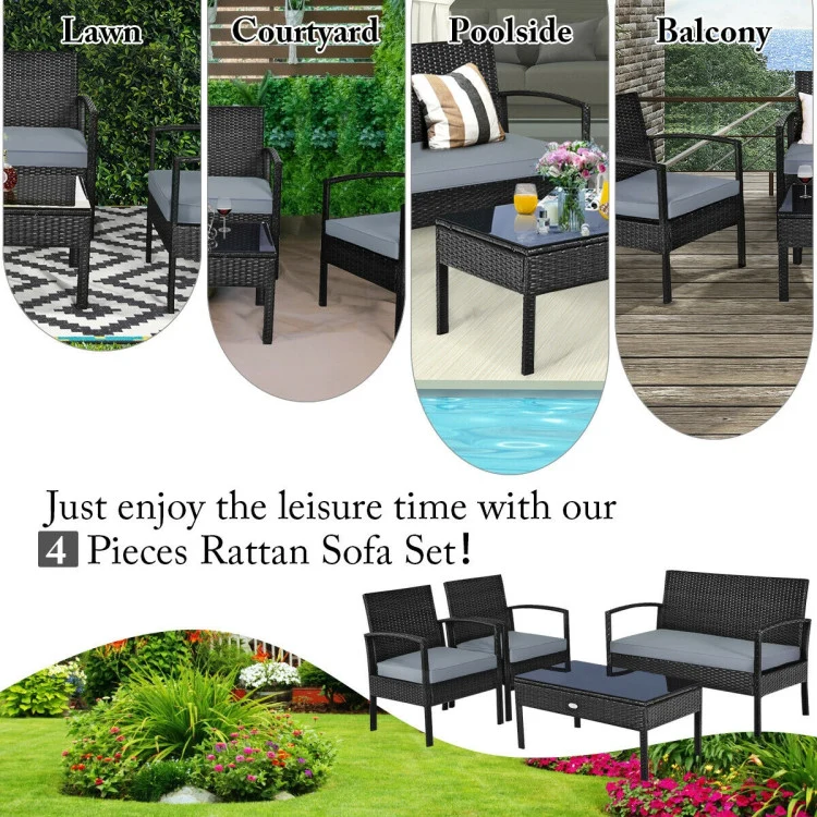 4-Piece Black Wicker Patio Conversation Set with Gray Cushions and Table
