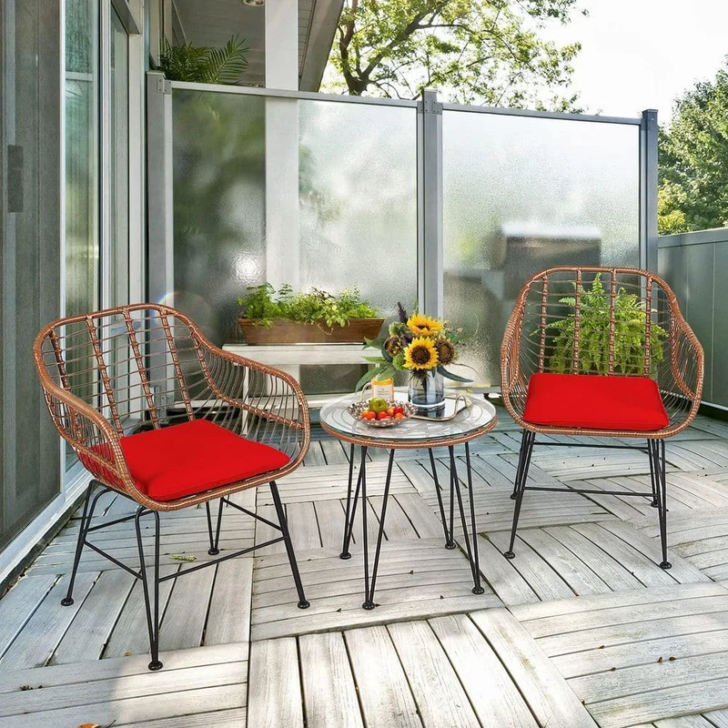 3-Piece Wicker Outdoor Patio Conversation Seating Set with Red Cushions