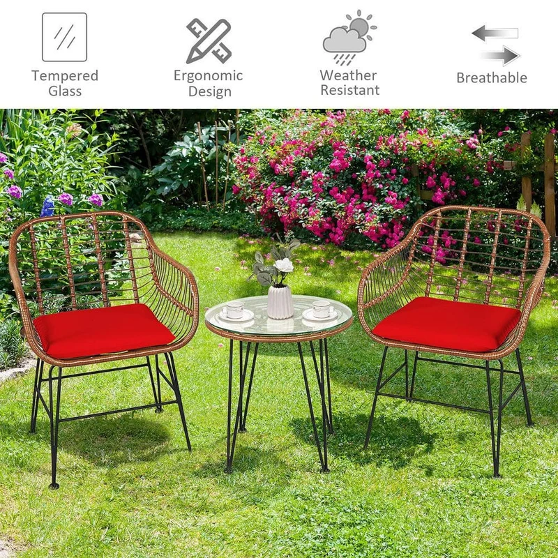 3-Piece Wicker Outdoor Patio Conversation Seating Set with Red Cushions