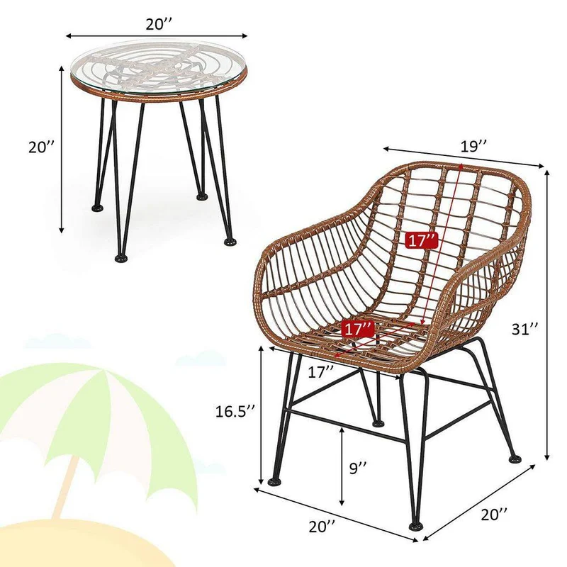 3-Piece Wicker Outdoor Patio Conversation Seating Set with Red Cushions