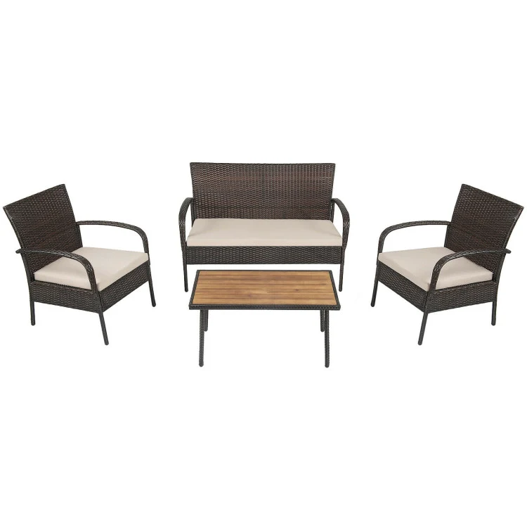4-Piece Brown Wicker Patio Conversation Set with Square Table and Beige Cushions