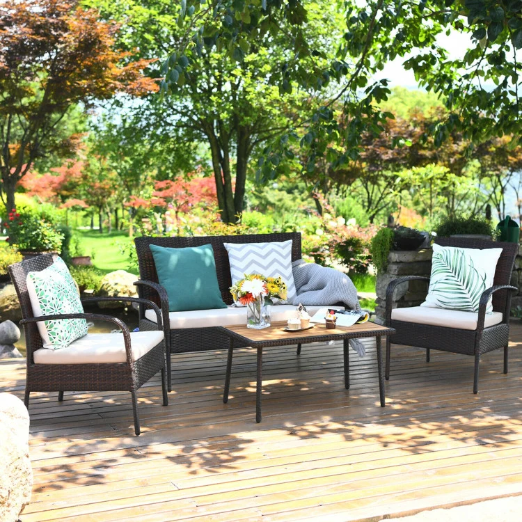 4-Piece Brown Wicker Patio Conversation Set with Square Table and Beige Cushions