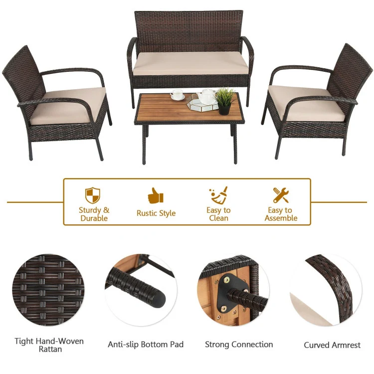 4-Piece Brown Wicker Patio Conversation Set with Square Table and Beige Cushions