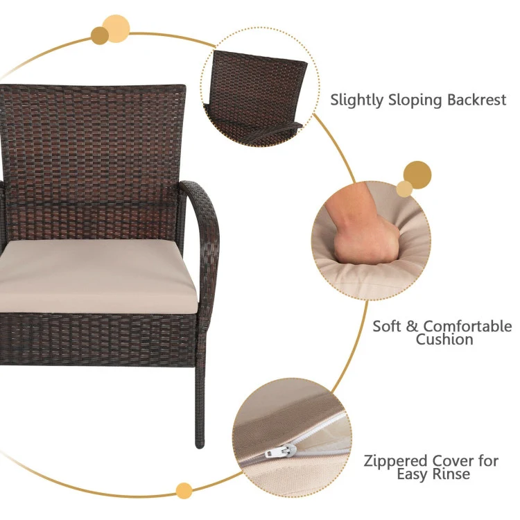 4-Piece Brown Wicker Patio Conversation Set with Square Table and Beige Cushions