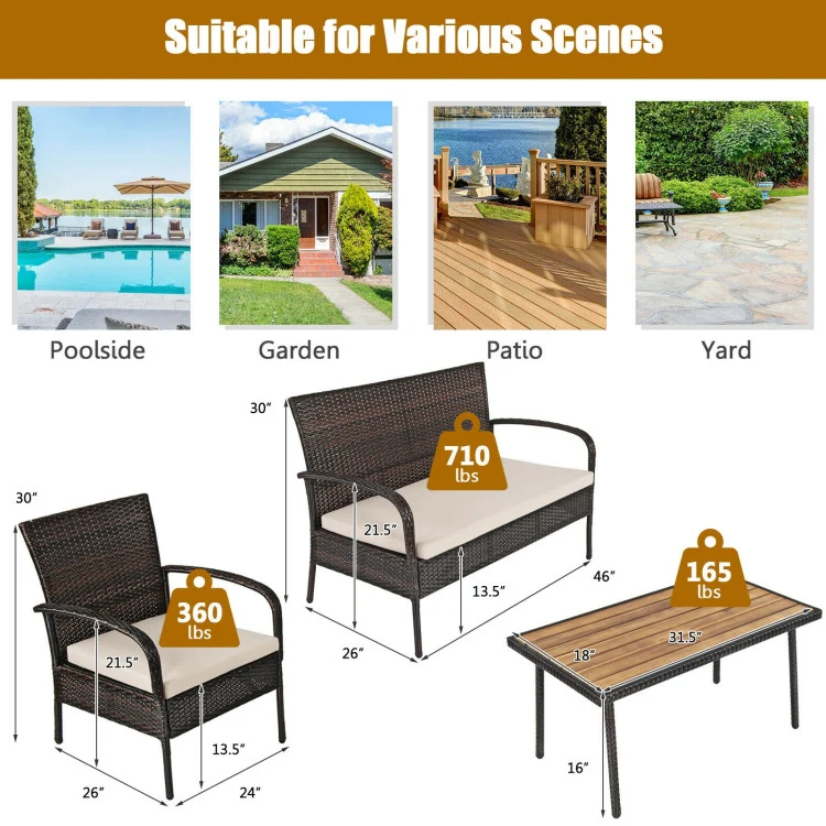 4-Piece Brown Wicker Patio Conversation Set with Square Table and Beige Cushions
