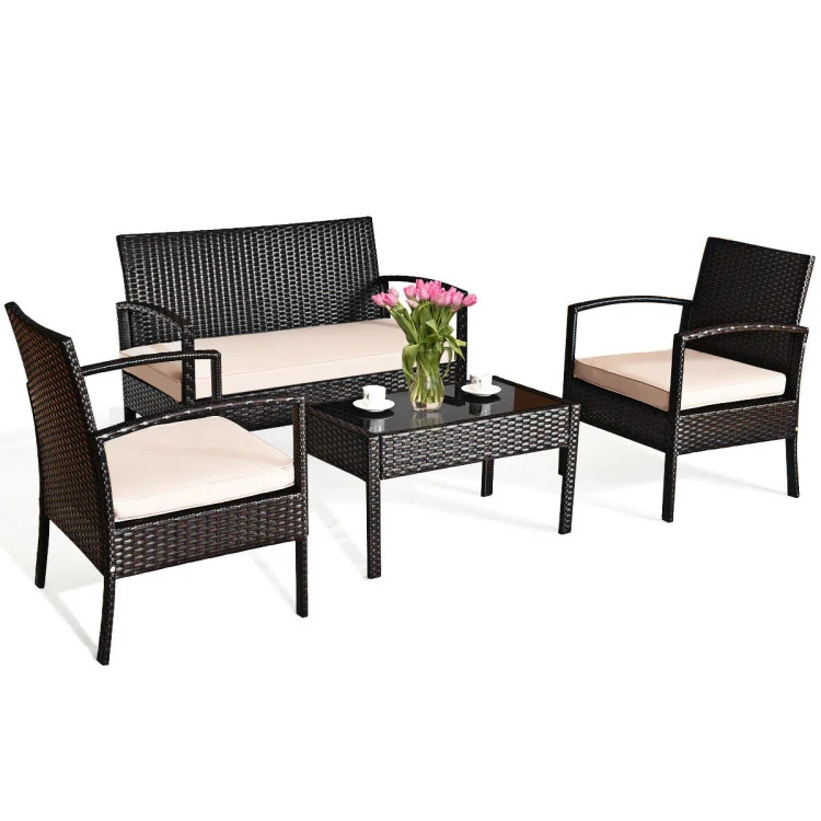 Brown 4-Piece Wicker Patio Conversation Set with Beige Cushions and Storage Coffee Table