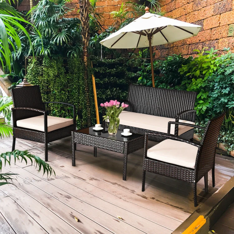 Brown 4-Piece Wicker Patio Conversation Set with Beige Cushions and Storage Coffee Table