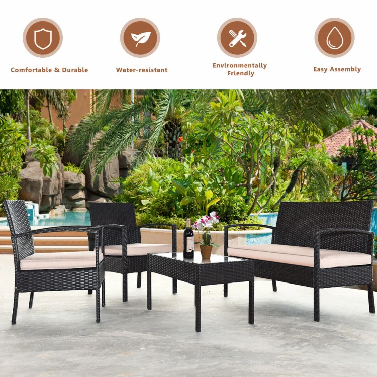 Brown 4-Piece Wicker Patio Conversation Set with Beige Cushions and Storage Coffee Table