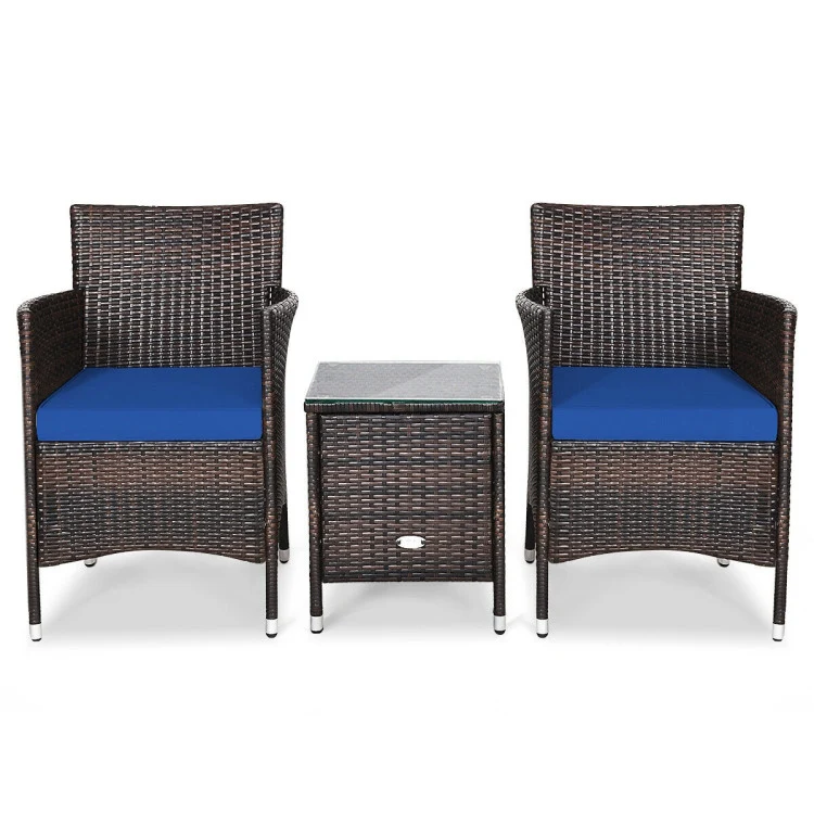 3-Piece PE Rattan Wicker Patio Conversation Set Outdoor Chairs and Coffee Table with Navy Blue Cushion