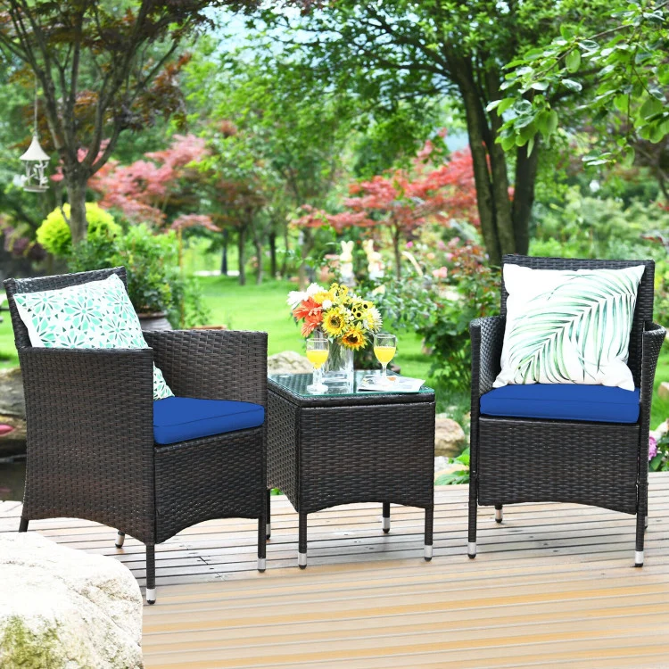 3-Piece PE Rattan Wicker Patio Conversation Set Outdoor Chairs and Coffee Table with Navy Blue Cushion