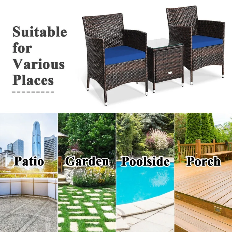 3-Piece PE Rattan Wicker Patio Conversation Set Outdoor Chairs and Coffee Table with Navy Blue Cushion