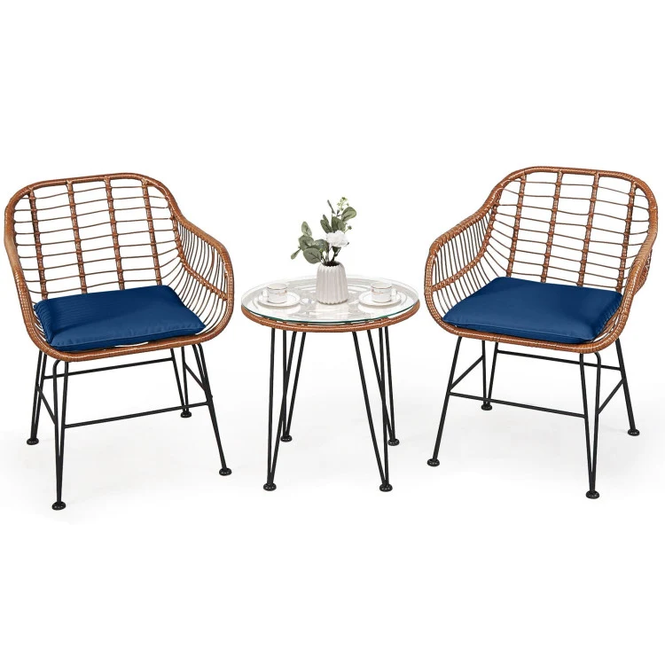 3-Piece Wicker Outdoor Patio Conversation Seating Set with Navy Cushions