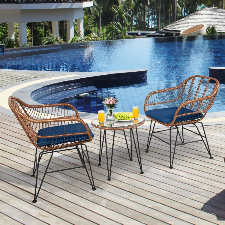 3-Piece Wicker Outdoor Patio Conversation Seating Set with Navy Cushions