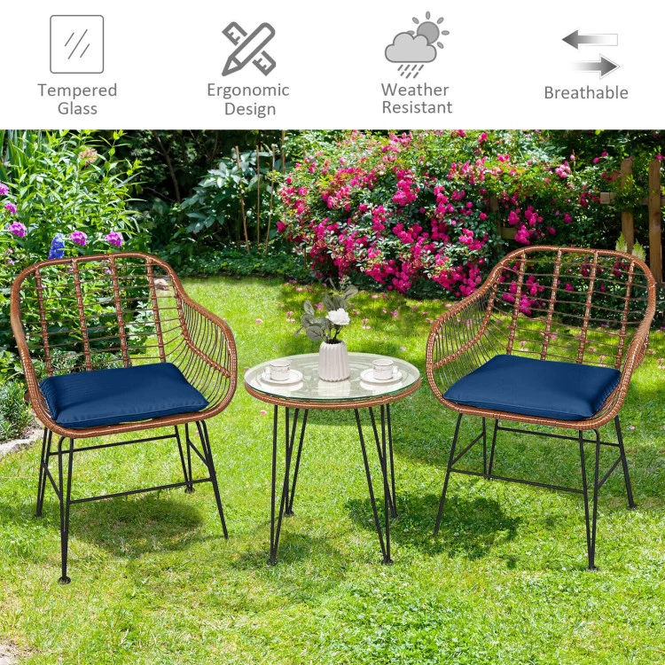 3-Piece Wicker Outdoor Patio Conversation Seating Set with Navy Cushions