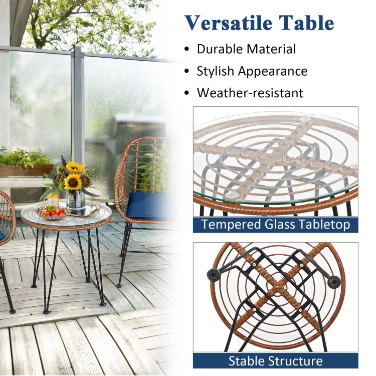 3-Piece Wicker Outdoor Patio Conversation Seating Set with Navy Cushions