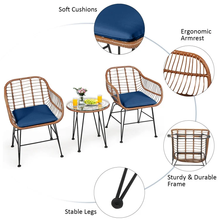 3-Piece Wicker Outdoor Patio Conversation Seating Set with Navy Cushions