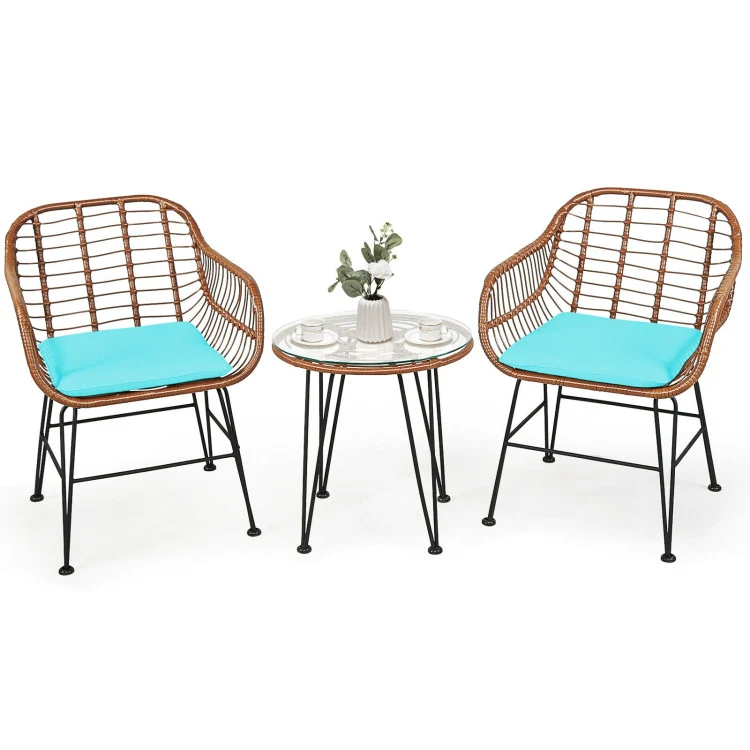 3-Piece Wicker Outdoor Patio Conversation Seating Set with Turquoise Cushions