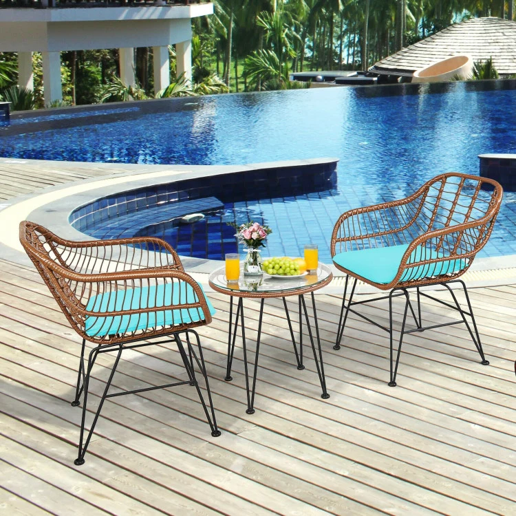 3-Piece Wicker Outdoor Patio Conversation Seating Set with Turquoise Cushions