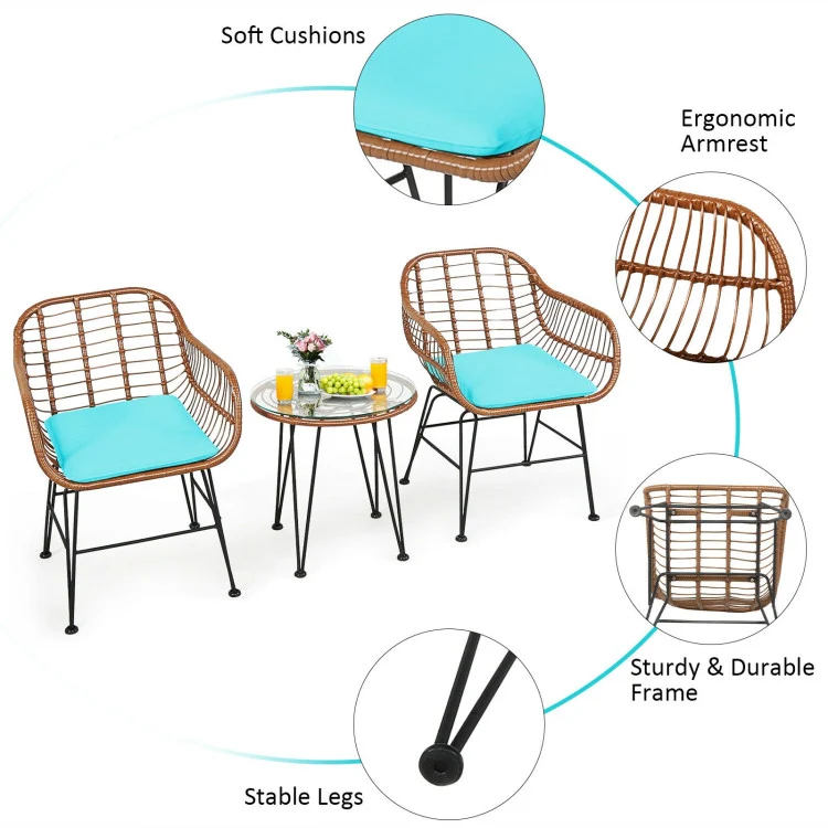 3-Piece Wicker Outdoor Patio Conversation Seating Set with Turquoise Cushions