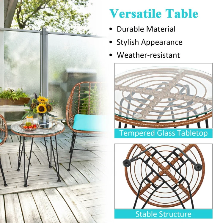 3-Piece Wicker Outdoor Patio Conversation Seating Set with Turquoise Cushions