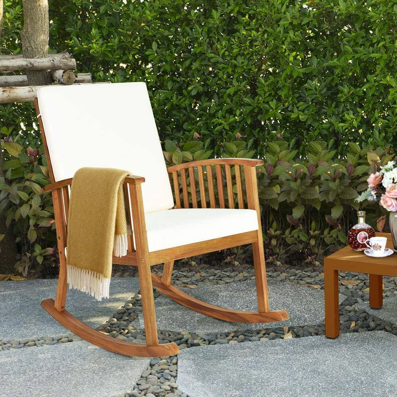 Brown Wood Outdoor Rocking Chair with Beige Cushions