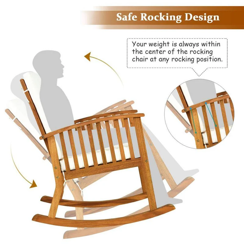 Brown Wood Outdoor Rocking Chair with Beige Cushions