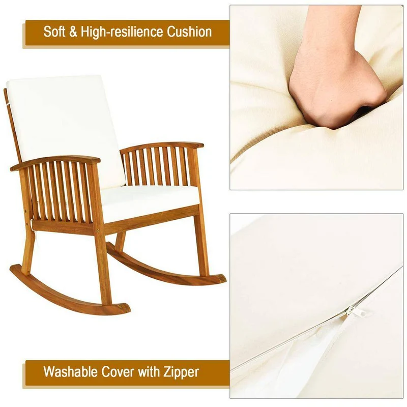 Brown Wood Outdoor Rocking Chair with Beige Cushions
