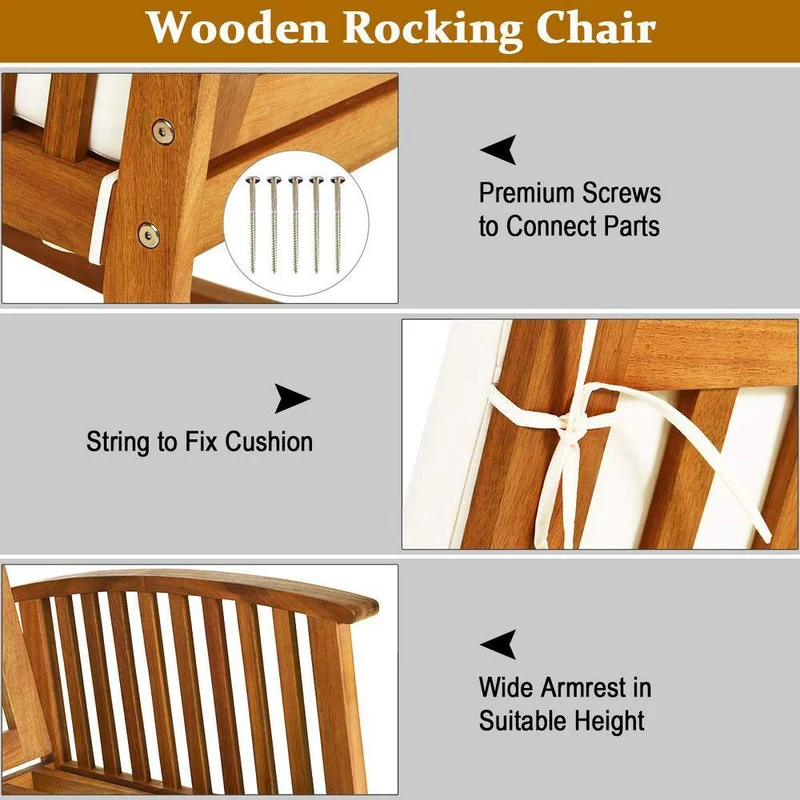Brown Wood Outdoor Rocking Chair with Beige Cushions