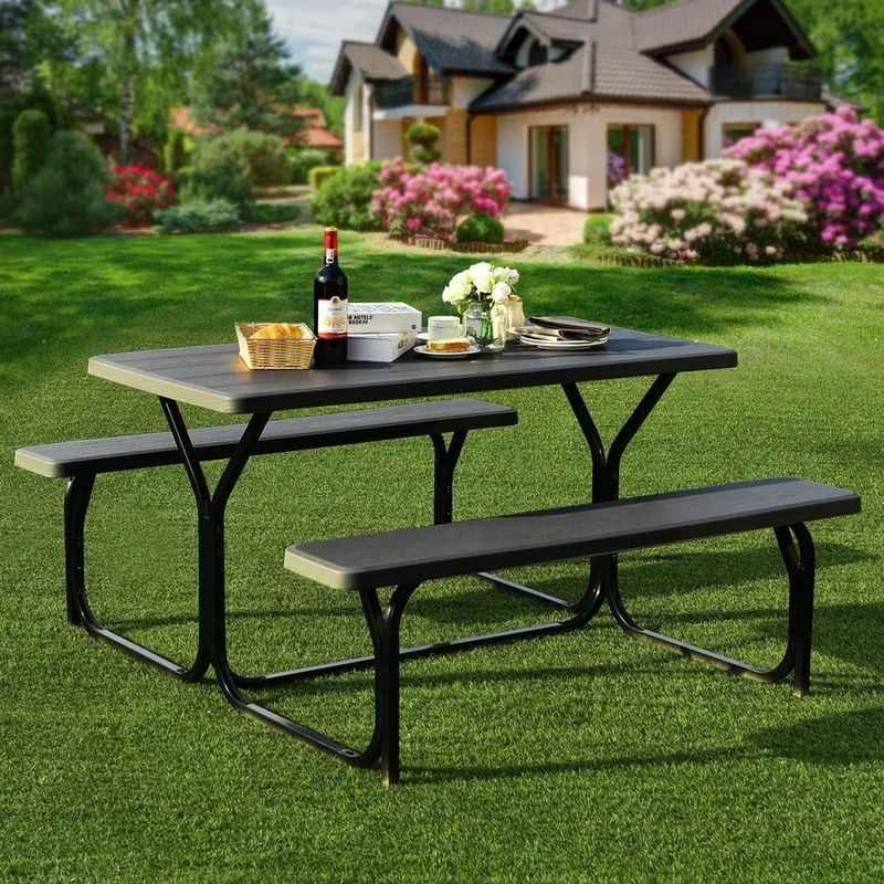 54 in. W x 59 in. D x 28.5 in. H Metal Outdoor Bench Set Picnic Table in Black