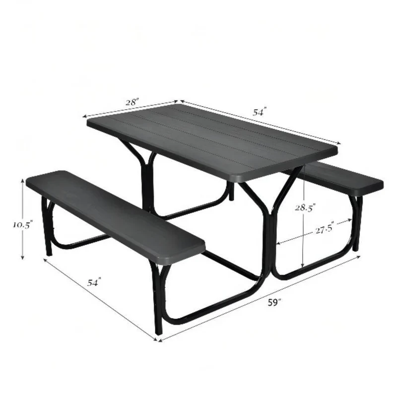 54 in. W x 59 in. D x 28.5 in. H Metal Outdoor Bench Set Picnic Table in Black