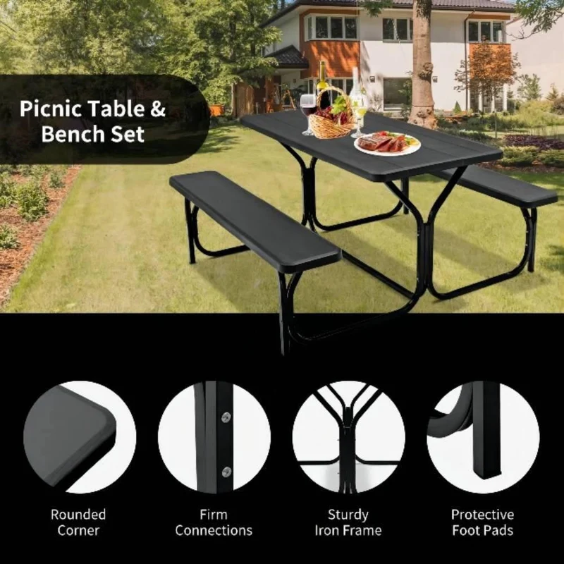 54 in. W x 59 in. D x 28.5 in. H Metal Outdoor Bench Set Picnic Table in Black